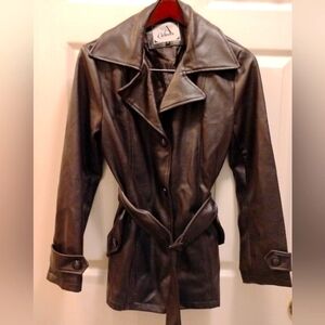 Calvin Klein Brown Leather Double-Breasted Jacket with Belted Waist